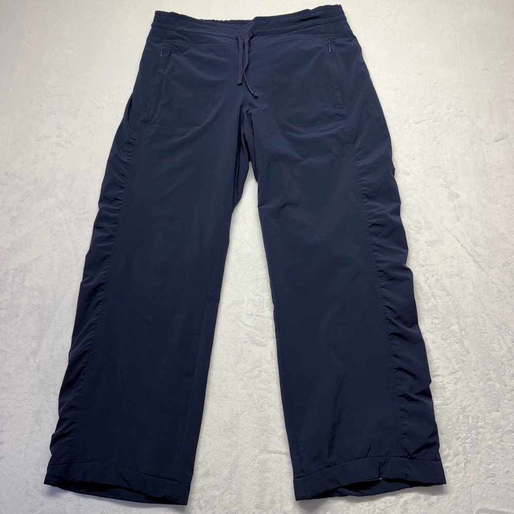 Athleta La Viva Lined Pants 8 Navy Ruched Crop Straight Leg Travel Stretch